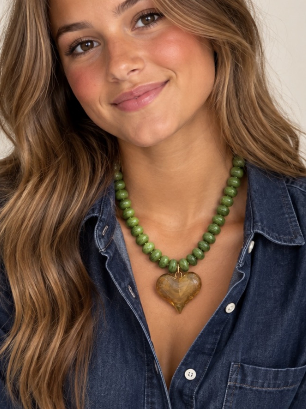 New! Olive Green Beaded Heart Statement Necklace NWOT 5025